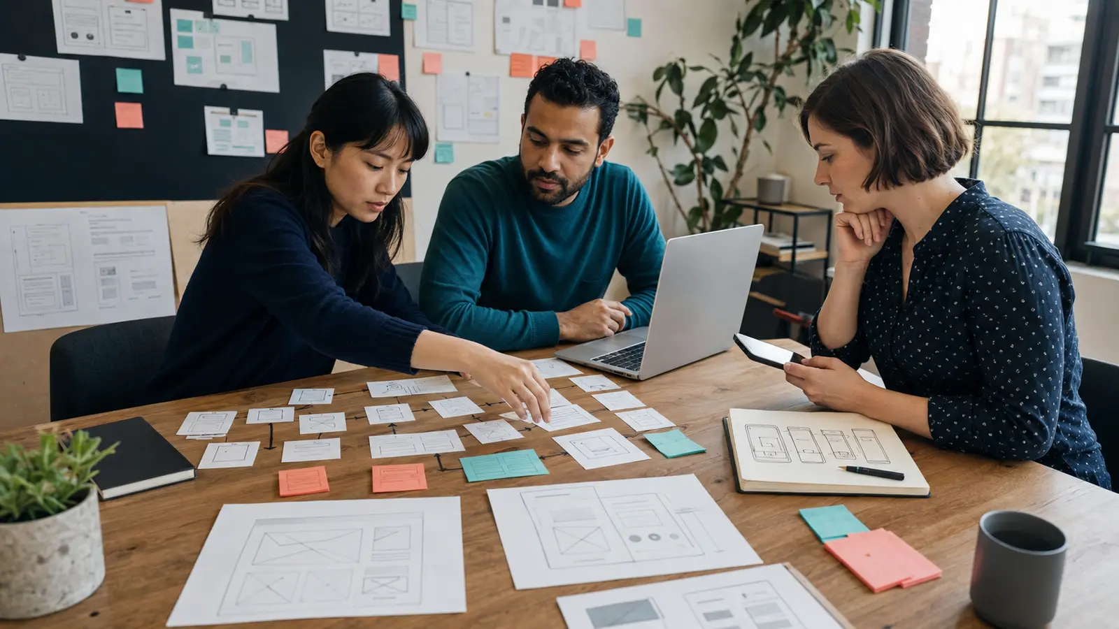 Website team planning search architecture, content and mobile conversion before visual design