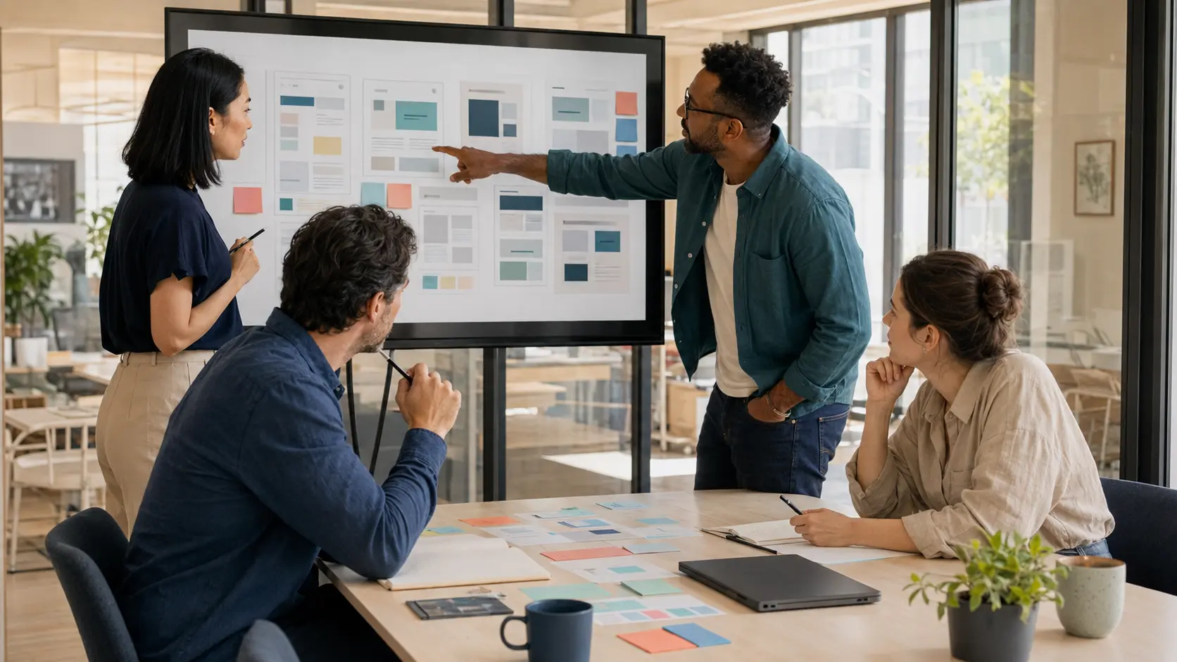 Multidisciplinary team reviewing a website architecture in an office